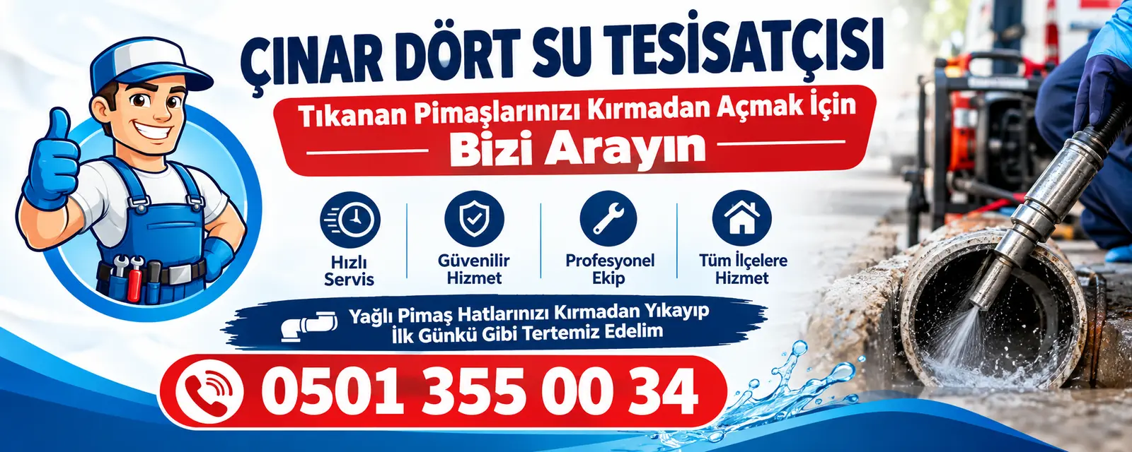 Çınar Dört Su Tesisatçısı: tıkanan pimaşlarınızı kırmadan açmak için bizi arayın, yağlı pimaş hatlarını kırmadan yıkama. Telefon 0501 355 00 34