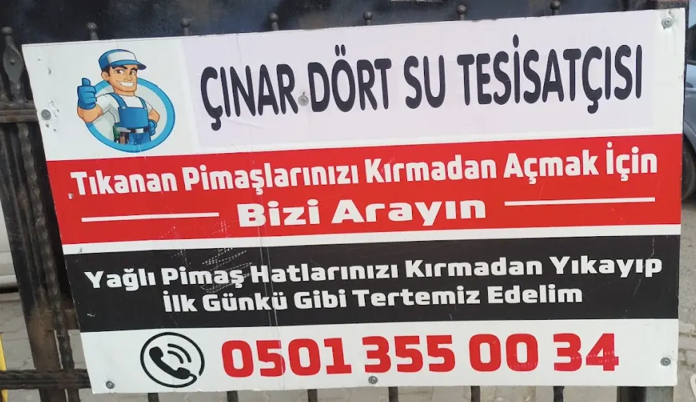 Çınar Dört Su Tesisatçısı tabelası: tıkanan pimaşları kırmadan açma ve yağlı pimaş hattı yıkama